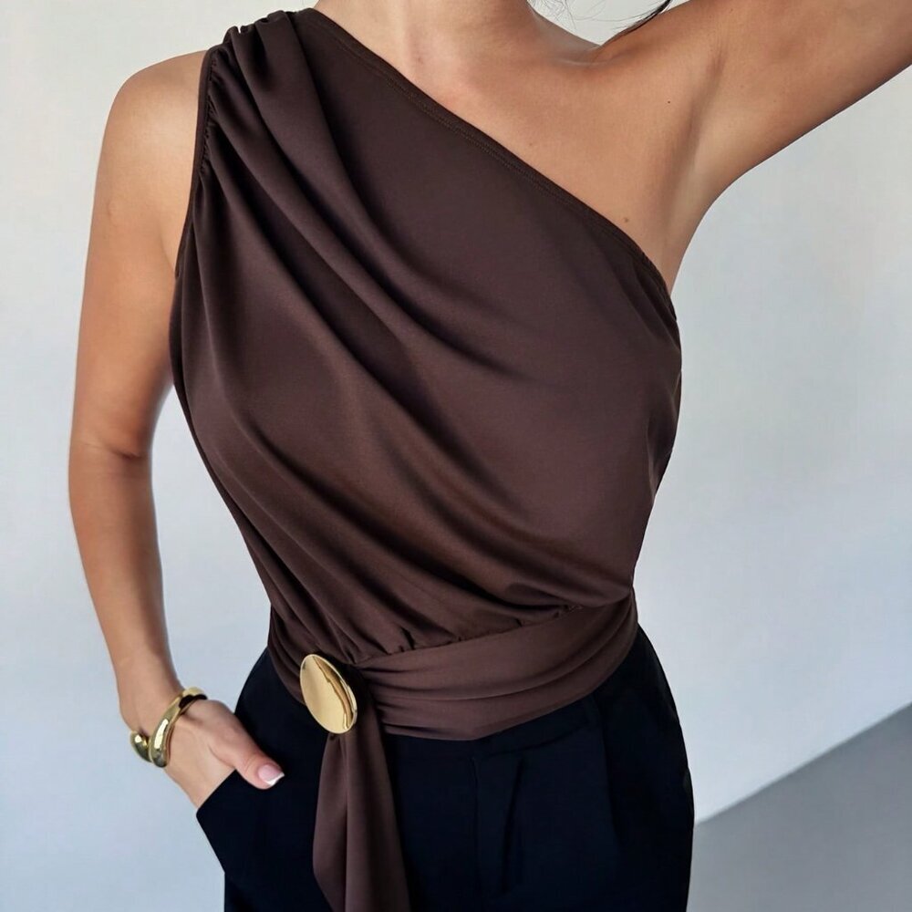 Coffee Brown Elegant Women's Romantic Urban Chic Blouse - Picture 6 of 6